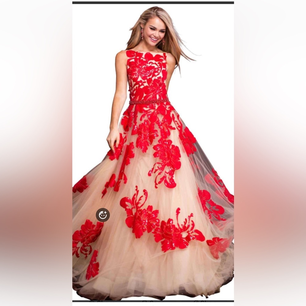 Jovani Red and Cream Floral Prom Dress